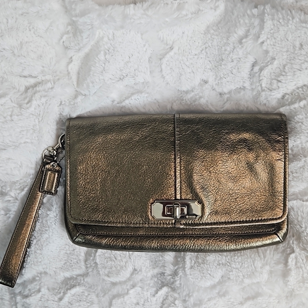 Womens Coach Gold Metallic Clutch Purse Wristlet